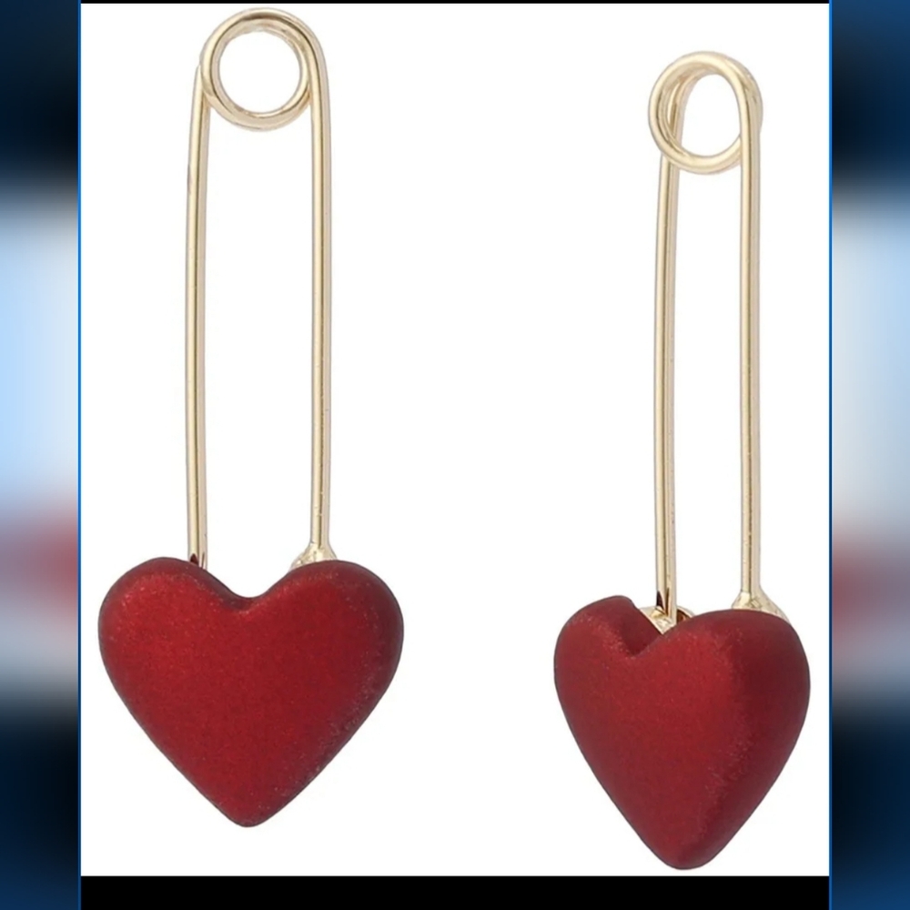 Betsey Johnson Love Spell Heart Safety Pin Drop Earrings.